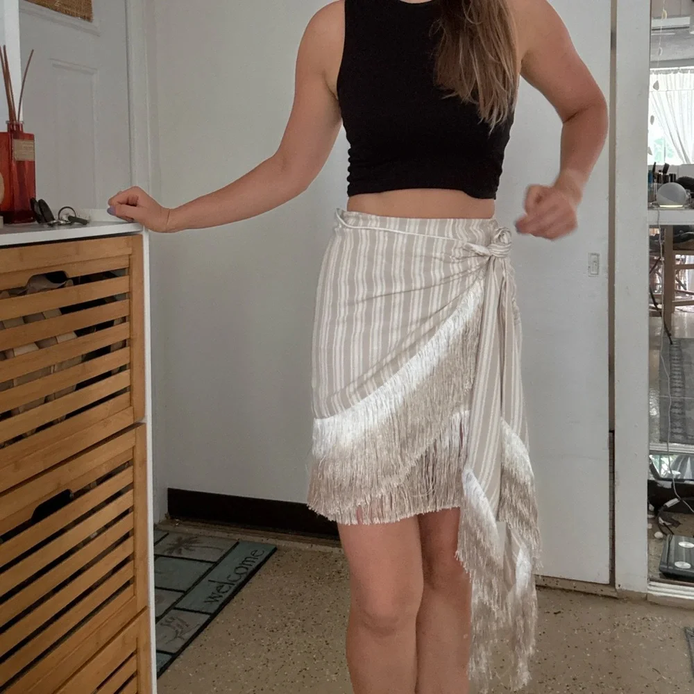 L'Academie Beige Asymmetrical Fringe Skirt - Picture 3 of 10
